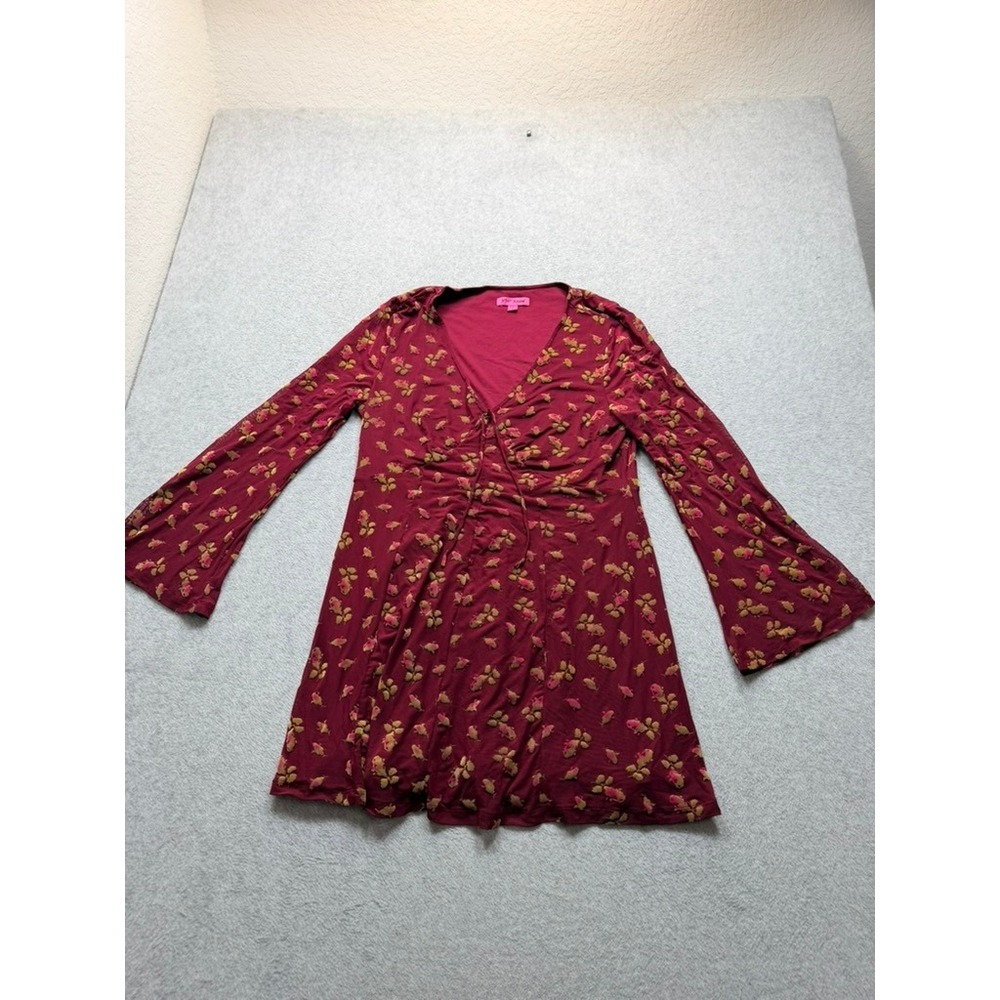 Betsey Johnson Burgundy Flocked Floral Mesh Bell Sleeve Mini Dress XL JP38159W